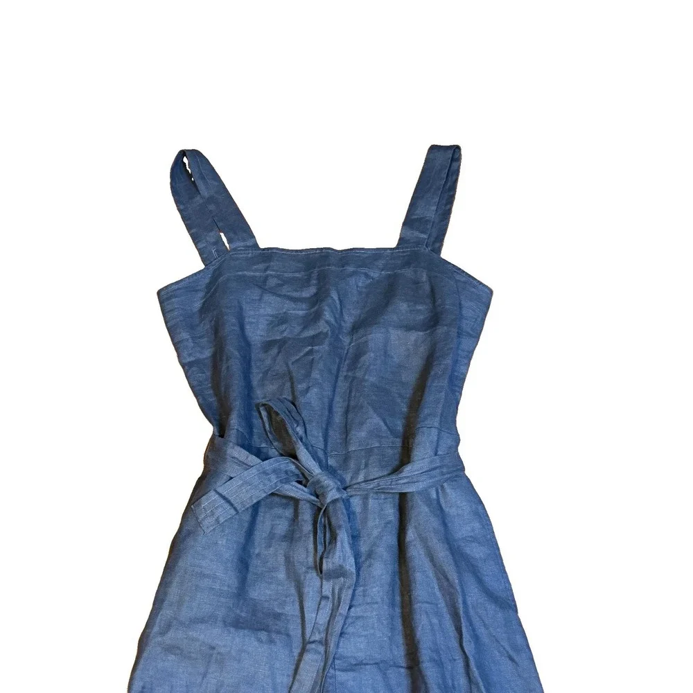 Quince Women's 100% European Linen Square Neck Tie Waist Jumpsuit Navy Blue Sz M